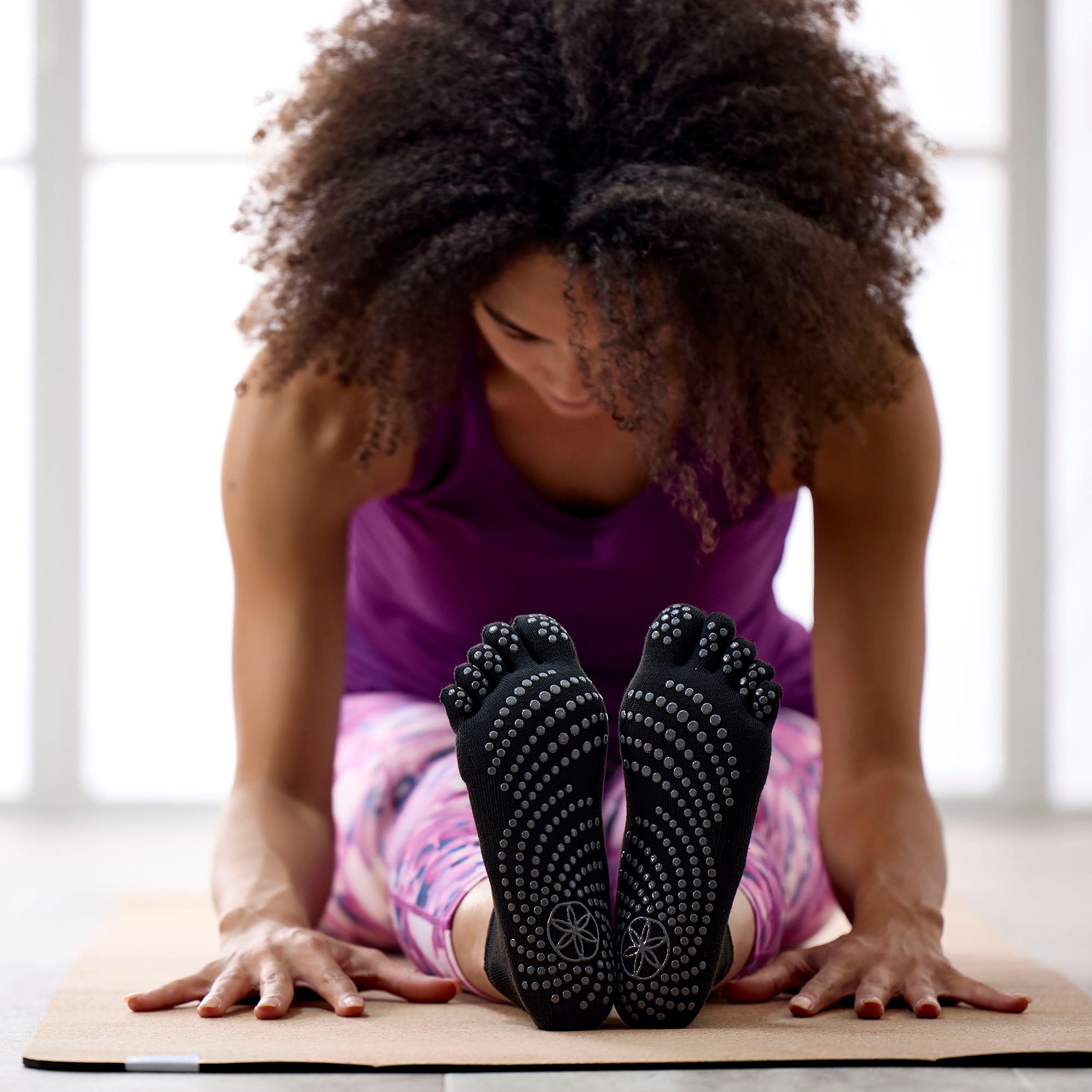 Grippy Yoga Socks on feet front bend