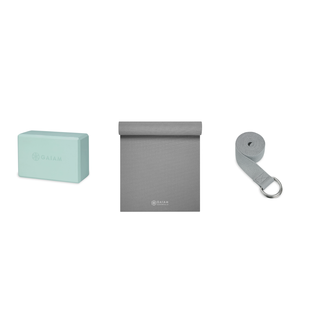 Yoga Bundle - Block (Cool Mint), Mat (Grey), Strap (Grey)